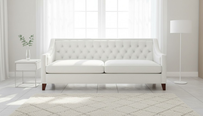 Canapé Chesterfield design moderne trois places blanc en textile, nouveau meuble original.