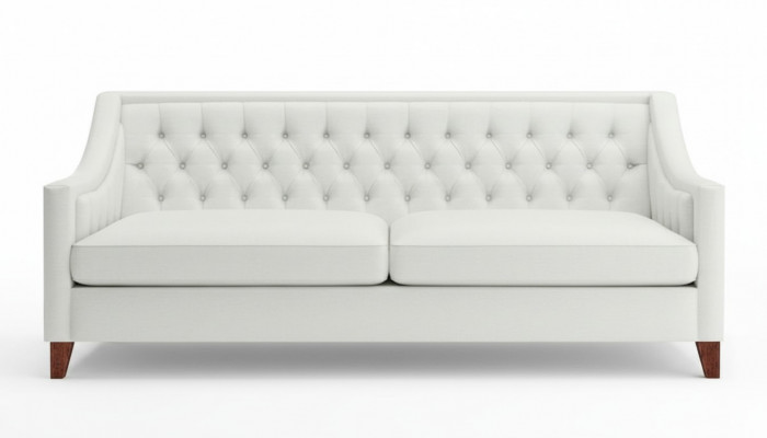 Canapé Chesterfield design moderne trois places blanc en textile, nouveau meuble original.