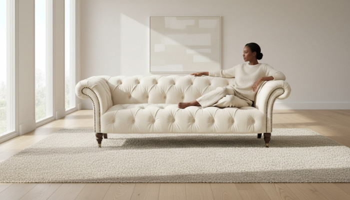 Canapé beige design moderne trois places Chesterfield en tissu.