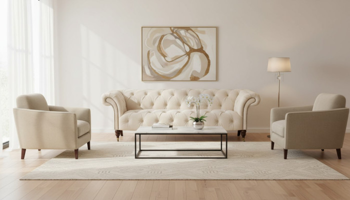 Canapé beige design moderne trois places Chesterfield en tissu.