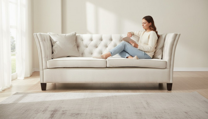 Canapé Chesterfield deux places en tissu gris clair pour le salon, design et créatif
