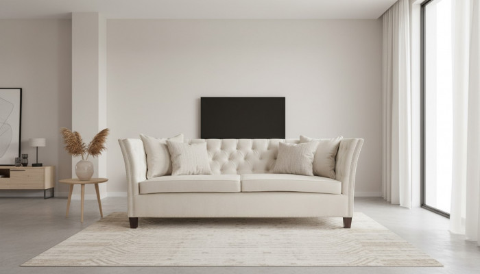 Canapé Chesterfield deux places en tissu gris clair pour le salon, design et créatif