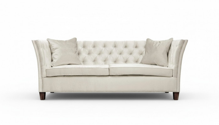 Canapé Chesterfield deux places en tissu gris clair pour le salon, design et créatif