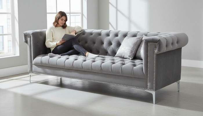 Gris Chesterfield Trois places Tissu Salon Design Canapés Rembourrage Canapés neufs