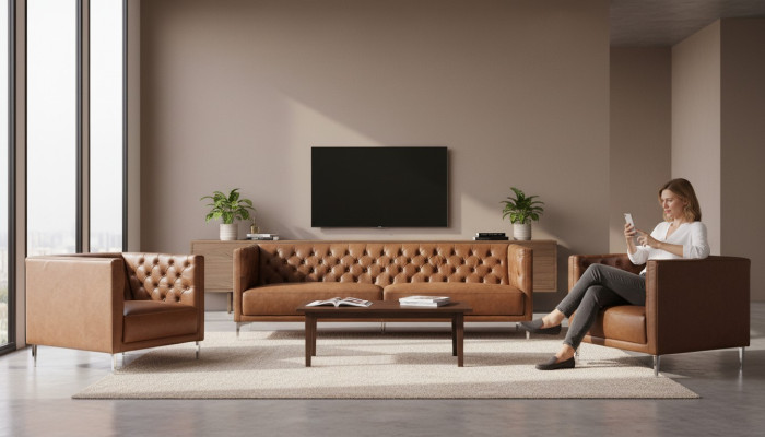 Braun Chesterfield 2 fauteuils cuir design moderne canapé neuf meubles créatifs ensemble de canapé.
