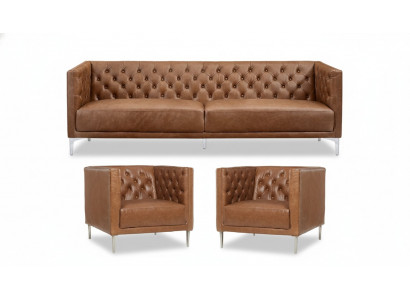 Braun Chesterfield 2 fauteuils cuir design moderne canapé neuf meubles créatifs ensemble de canapé.