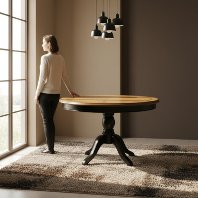 Table à manger ronde en bois massif de 122 cm de diamètre. Table de cuisine en bois véritable neuve.