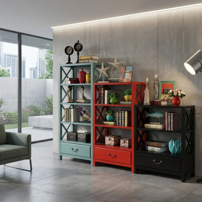 Vitrine en bois Étagère de séparation Designer en boiset de style loft Armoire rouge Ensemble