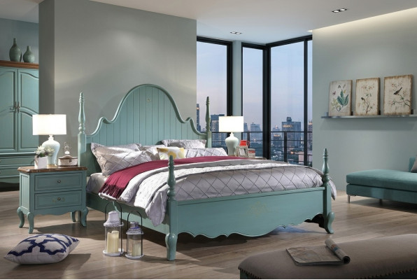 Suite de meubles pour chambre bleue douce en bois massif de style maison de campagne.