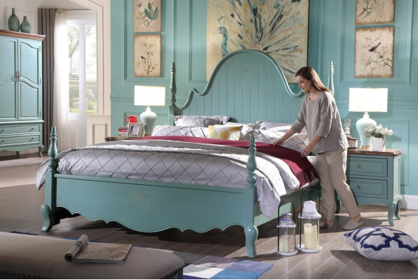 Chambre à coucher bleu bois classique Lit Lits 180x200cm Ensemble nouveau