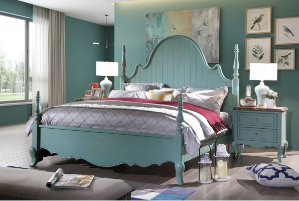 Chambre à coucher bleu bois classique Lit Lits 180x200cm Ensemble nouveau