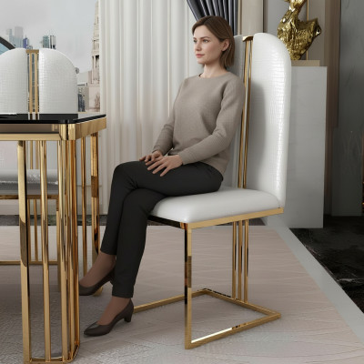 Chaise en acier inoxydable Chaise de salle à manger Chaise en cuir Chaises en acier inoxydable Designer Or