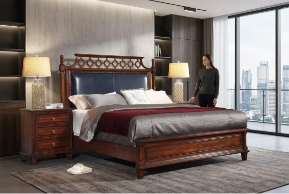 Vrai lit en bois Ensemble en cuir 3 pièces Commode Chambre à coucher Style wilhelminien Groupe de suites
