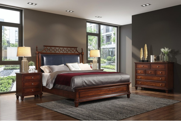 Vrai lit en bois Ensemble en cuir 3 pièces Commode Chambre à coucher Style wilhelminien Groupe de suites