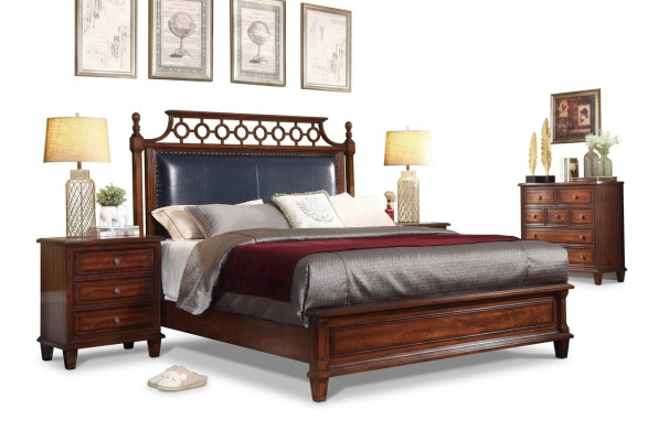 Vrai lit en bois Ensemble en cuir 3 pièces Commode Chambre à coucher Style wilhelminien Groupe de suites