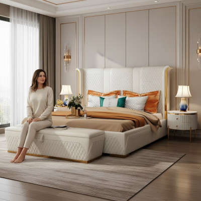 Lit double Classique s Lit Designer Lits Capitonnés Cadre Textile en Cuir Blanc
