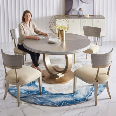 Table à manger design, table de salle à manger de luxe, tables rembourrées en bois en acier inoxydable, table ronde