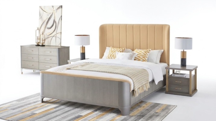 Lit Table de chevet 4 pièces. Ensemble de chambre à coucher Design Moderne Lits de Luxe en Groupe en Cuir