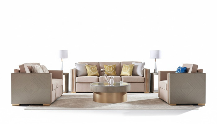 Designer Canapé Siège Rembourrage 3+1 Places Beige en acier inoxydable Suite Canapé Velours neuf