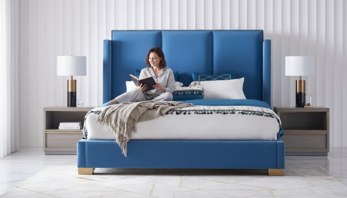Chambre design Lit de luxe 180x200 Cadre de lit en tissu Lit double Bleu