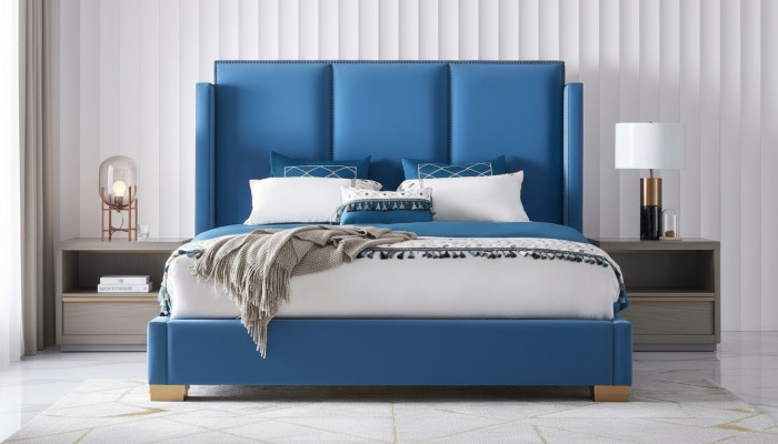Chambre design Lit de luxe 180x200 Cadre de lit en tissu Lit double Bleu