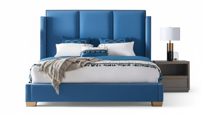 Chambre design Lit de luxe 180x200 Cadre de lit en tissu Lit double Bleu