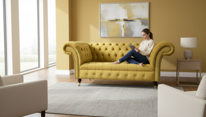 Chesterfield Design Luxe Rembourrage Canapé Siège Suite Cuir Textile Jaune nouveau