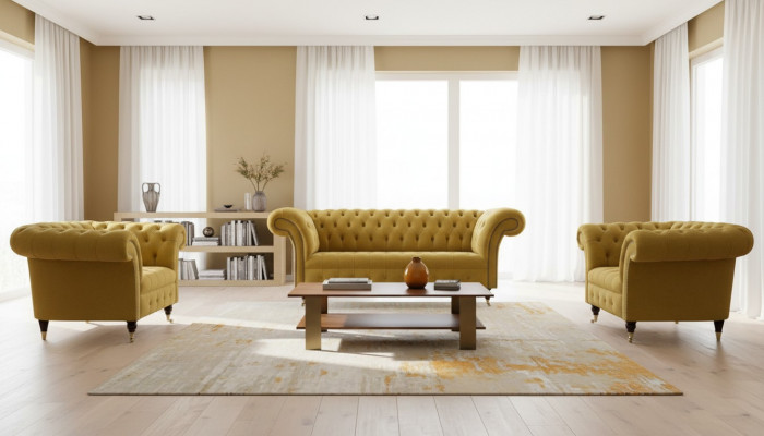 Chesterfield Design Luxe Rembourrage Canapé Siège Suite Cuir Textile Jaune nouveau