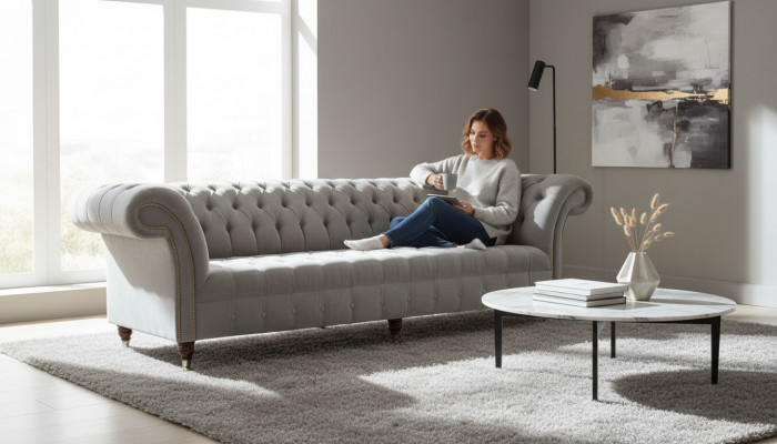 Grand canapé gris Chesterfield 265cm, canapé en cuir 4 places rembourré