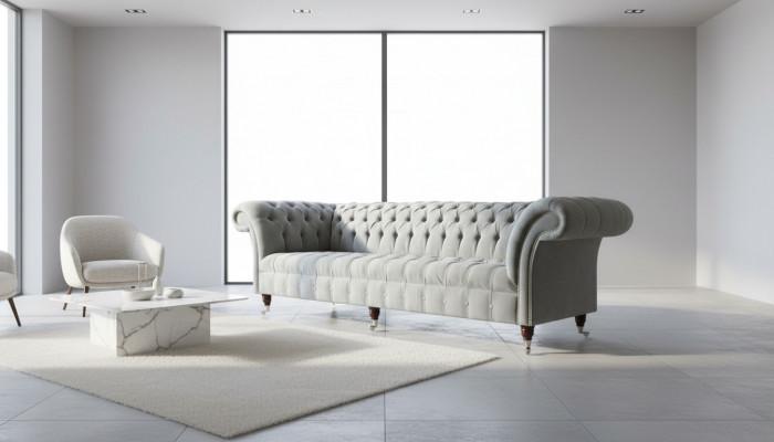 Grand canapé gris Chesterfield 265cm, canapé en cuir 4 places rembourré
