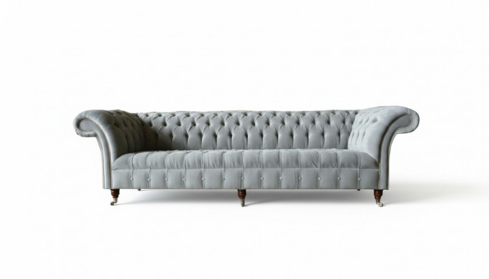 Grand canapé gris Chesterfield 265cm, canapé en cuir 4 places rembourré