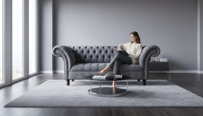 Canapé de salon 3 places Chesterfield Tissu Gris suite textile