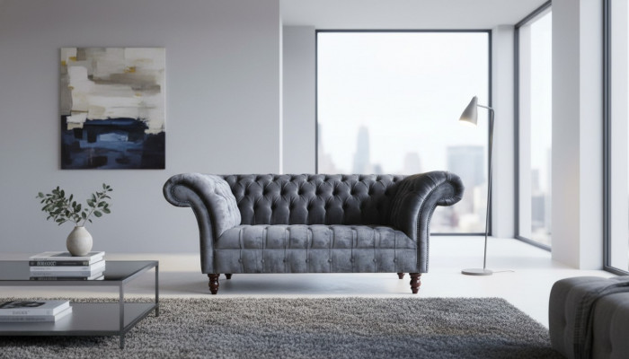Canapé de salon 3 places Chesterfield Tissu Gris suite textile