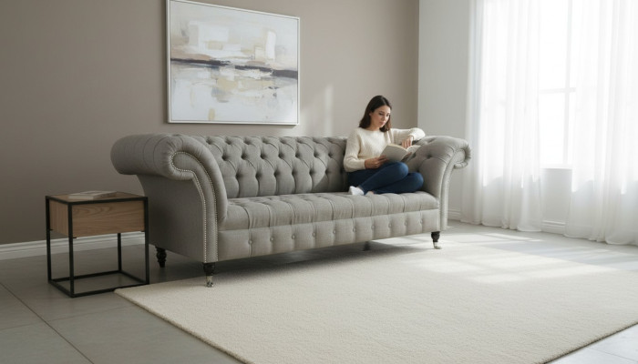 Canapé Chesterfield gris en tissu de revêtement canapé en cuir velours Suite