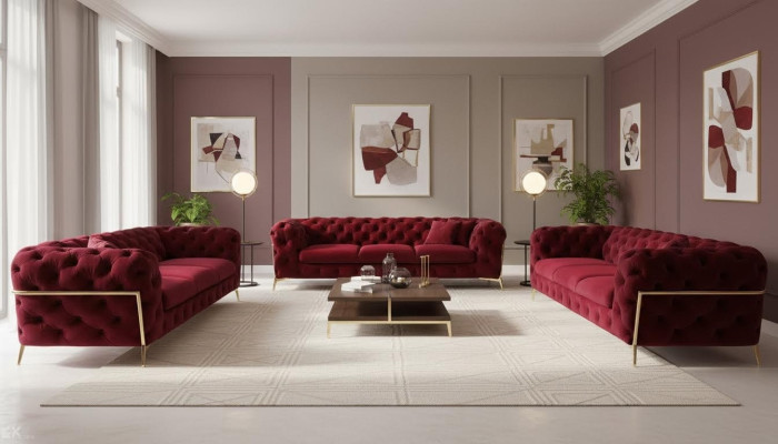 Canapé en velours Chesterfield Canapé rembourré siège 3+3 Suite de sièges Design Canapés Sofas