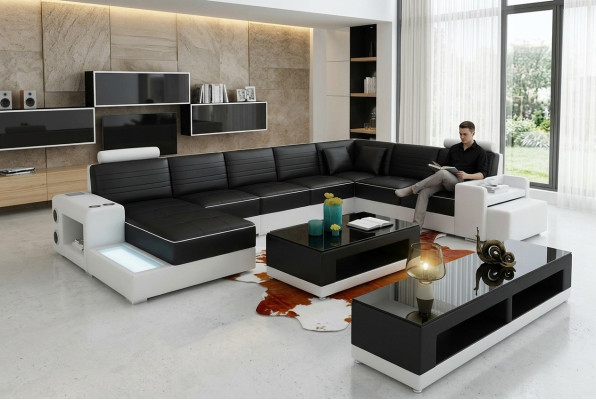 Canapé d'angle en forme de U Buffet Table basse Canapé Design Noir Revêtement Cuir Moderne