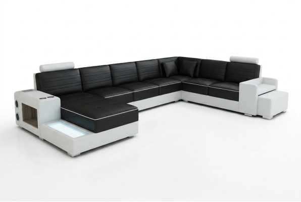 Canapé d'angle en forme de U Buffet Table basse Canapé Design Noir Revêtement Cuir Moderne