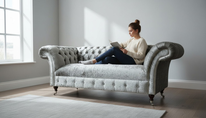 Canapé 2 places Chesterfield Canapé Revêtement Velours Tissu Deux places Velours Gris Argent