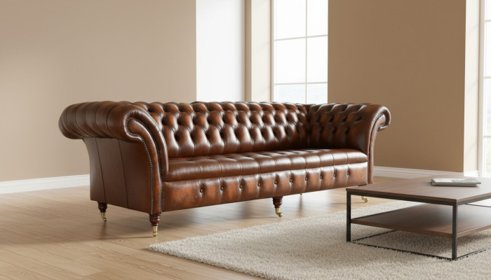 Canapé Chesterfield marron en cuir pour 4 personnes