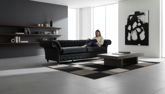 Grand canapé 4 places Chesterfield Suite Rembourrage Cuir Tissu Noir