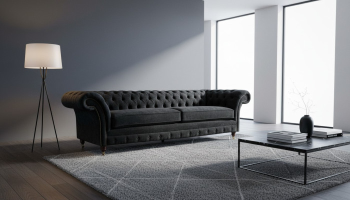 Grand canapé 4 places Chesterfield Suite Rembourrage Cuir Tissu Noir