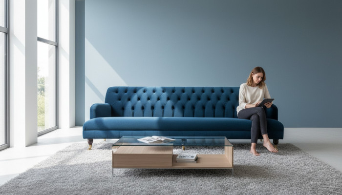 Grand canapé Chesterfield 250cm canapé 4 places en cuir et textile turquoise.
