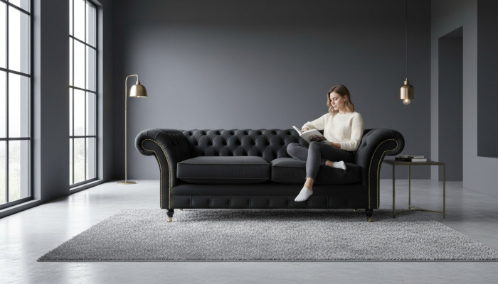 Canapé Chesterfield en tissu noir classique 3 places.