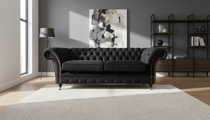 Canapé Chesterfield en tissu noir classique 3 places.