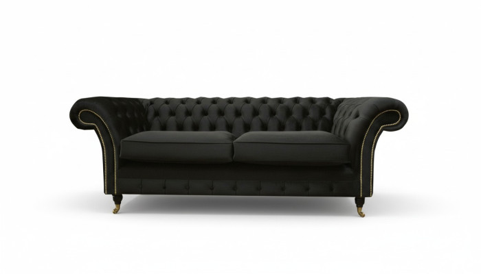 Canapé Chesterfield en tissu noir classique 3 places.
