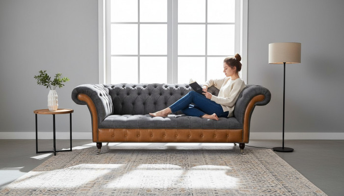 Canapé Chesterfield 3 places en tissu textile gris PropertyInfo_MULCH_Fabric Gray Couches
