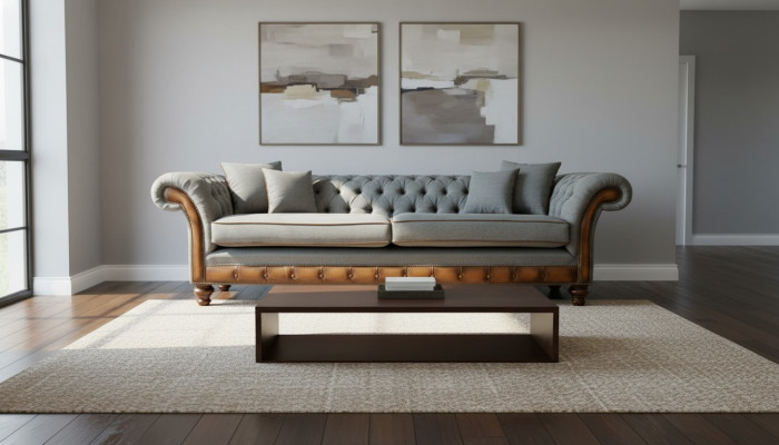 Grand canapé xxl 4 places Chesterfield Suite rembourrée en cuir et textile gris