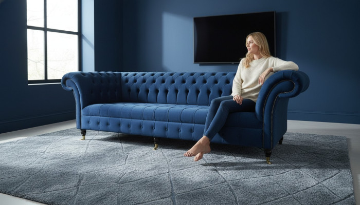 Canapé design 4 places Tissu rembourré Bleu Canapés classiques Chesterfield neufs