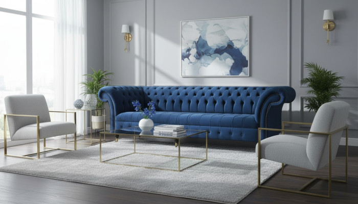 Canapé design 4 places Tissu rembourré Bleu Canapés classiques Chesterfield neufs