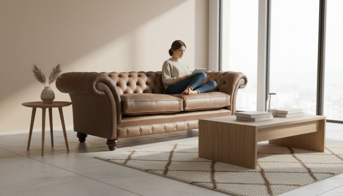 Canapé design 3 places avec revêtement en textile marron, canapés classiques Chesterfield neufs.